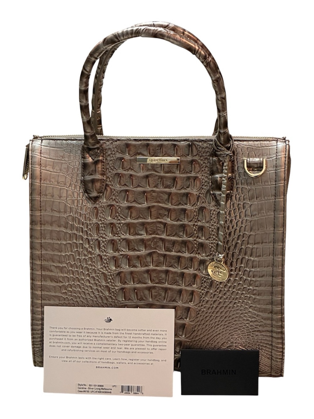 Brahmin Caroline Silver Lining Melbourne Embossed Leather Satchel Tote Bag